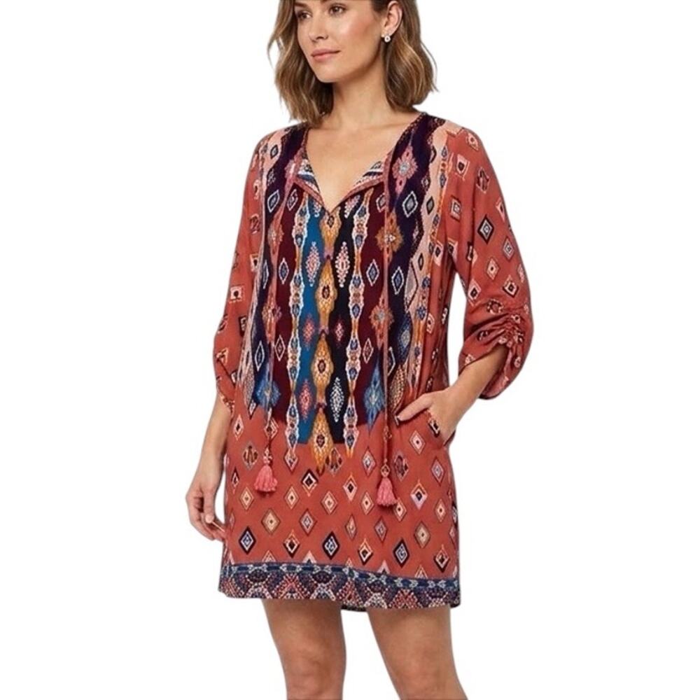 Tolani Brown and Blue Boho Print Ruched Sleeve Silk Tunic Mini Dress Size XS